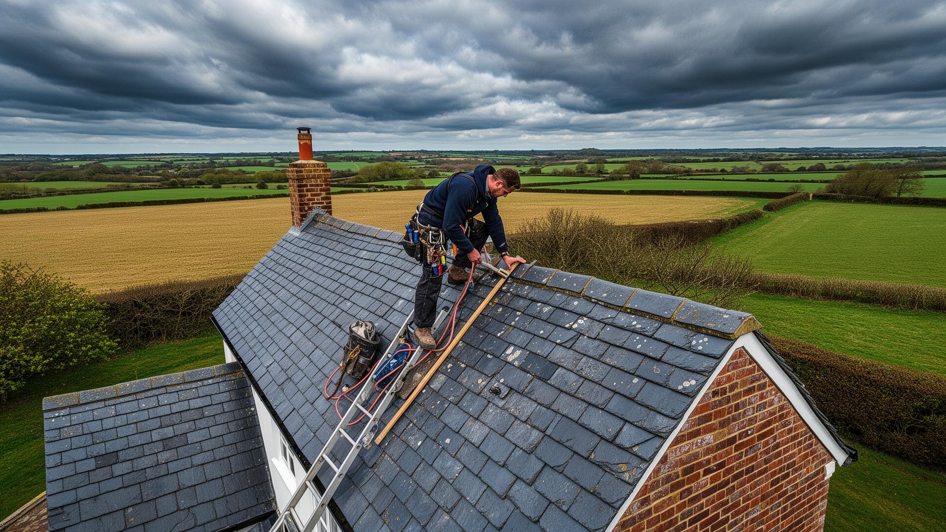 Professional roofer working on a pitched tile roof